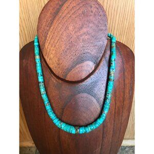 Vintage Graduated Turquoise Disc Necklace - Choker 16 1/2" Length Silver Hook